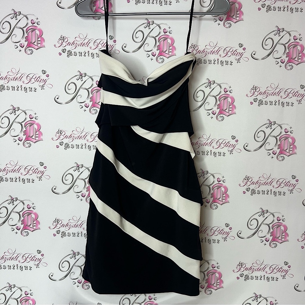 White House black market strapless Elegant Black and White Striped Dress
